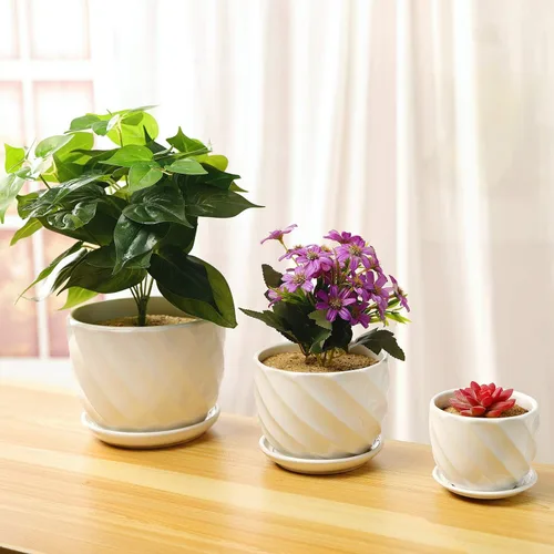 Vista 5 de Set of 3 Ceramic Plant Pot - Flower Plant Pots Indoor with Saucers,Small to Medium Sized Round Modern Ceramic Garden Flower Pots (White)