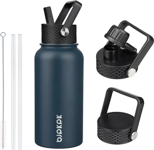 Vista 90 de BJPKPK - Botellas de agua aisladas con tapa de popote, botella de agua de acero inoxidable de 27 onzas con 3 tapas, termo de metal libre de BPA a