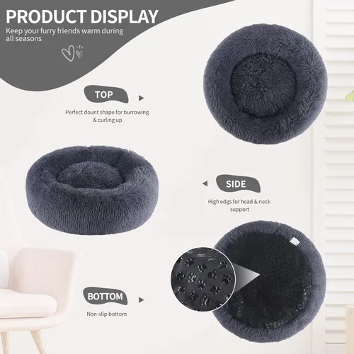 Vista 3 de ZEJEUER Cama para gatos, cama para perros pequeños, redonda en forma de dona, lavable, de felpa y pelo sintético, camas acolchadas suaves