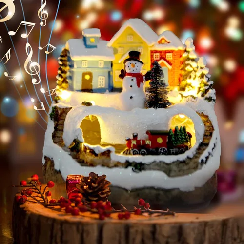 Bolas de nieve de colección navideña, casa de pueblo musical de resina, figuras con muñeco de nieve de 8 músicas, tren de Navidad viene con regalo