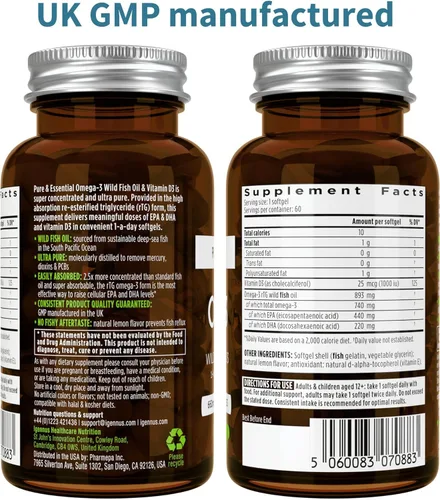 Vista 6 de Pure & Essential Omega-3 y D3 1000iu, rTG de acción rápida, soporte para ojos, corazón y función cerebral, 1 al día, aceite de pescado silvestre