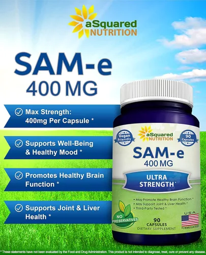 Vista 2 de aSquared Nutrition SAM-e - Suplemento de 400 mg – 90 cápsulas – Lo mismo (S-Adenosil metionina) para apoyar el estado de ánimo, la salud