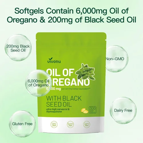 Vista 3 de VivoNu Aceite de orégano con cápsulas de aceite de semilla negra, Carvacrol, raíz de bardana, TQ y THQ, vitamina E y D3, sin OMG