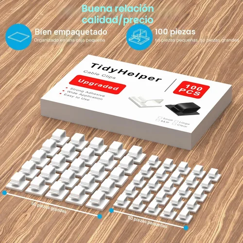 Vista 2 de 100 clips adhesivos para cables blancos (pequeños y grandes), soporte mejorado de pared para cables para organizador de cables y gestión de cables