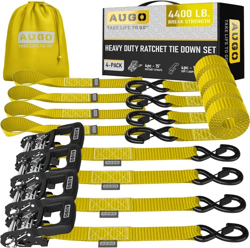 Vista 24 de AUGO Correas de trinquete retráctiles autobloqueantes 4 correas de amarre retráctiles de servicio pesado con autotensado con bucles suaves y bolsa