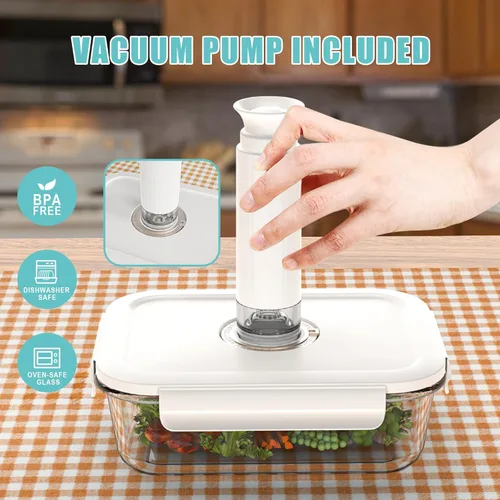 Vista 9 de Recipientes de vidrio para almacenamiento de alimentos con sellado al vacío, 3 recipientes con 10 bolsas Sous Vide / 1 bomba manual, recipiente