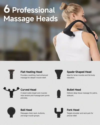 Vista 7 de Pistola de masaje mejorada 2 en 1 con calor, masajeador de alivio del dolor para tejidos profundos de espalda y cuello con mango extensible, pistola