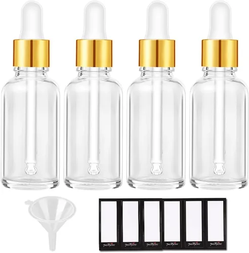 Vista 17 de PrettyCare Botellas de cristal con cuentagotas de 2 onzas líquidas, 12 botellas transparentes vacías gruesas a granel con tapas doradas a prueba