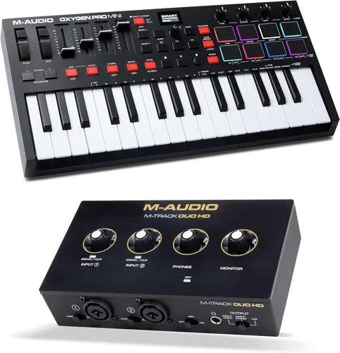 Vista 10 de M-AUDIO Oxygen Pro Mini Controlador MIDI Paquete con Interfaz de Audio M-Track Duo HD para Grabación de Estudio, Producción Musical, Podcasting
