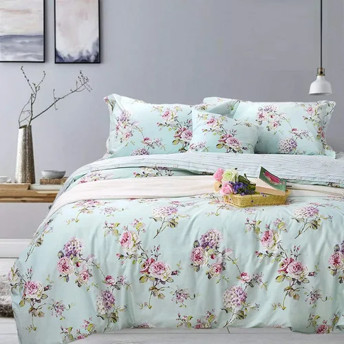 Vista 34 de FADFAY Juego de funda de edredón floral 100% algodón a rayas verdes y beige, ropa de cama de flores desgastadas con diseño de ramas botánicas
