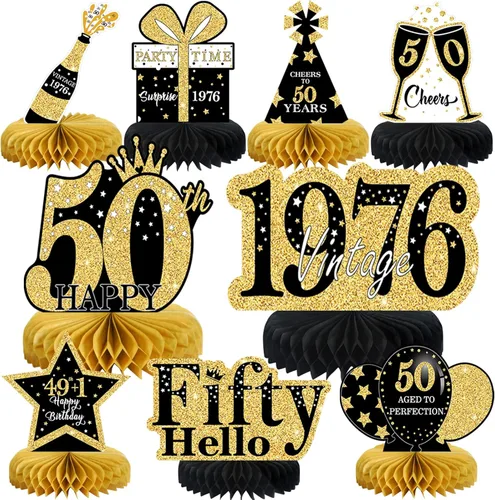 Vista 8 de 9 piezas de decoración de cumpleaños negro dorado 16 centros de mesa de panal para niños y niñas, centros de mesa de feliz cumpleaños 16