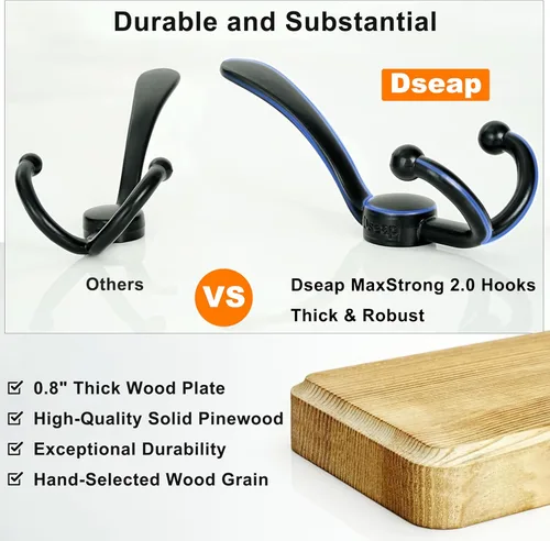 Vista 3 de Dseap Perchero de Pared Montado - 5 Ganchos Triangulares, Resistente, Perchero de Pared de Madera para Abriggos, Sombreros, Chaquetas, Ropa, Negro