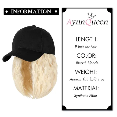 Vista 3 de AynnQueen Gorra de béisbol con extensiones de cabello para mujer, gorra ajustable con peluca sintética adjunta de 24 pulgadas, cabello ondulado