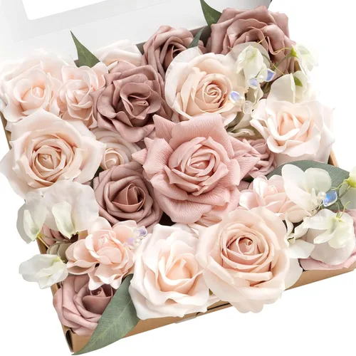 Vista 32 de Ling's moment Caja de flores falsas, tallos de vegetación artificiales artificiales, rosas de espuma, anturios, orquídea de seda, hoja de palmera