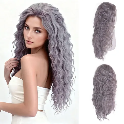 Vista 17 de GNIMEGIL Peluca de 26 pulgadas de largo, rizada, ondulada, verde, natural, ombré, esponjosa, peluca de repuesto de cabello sintético con parte libre