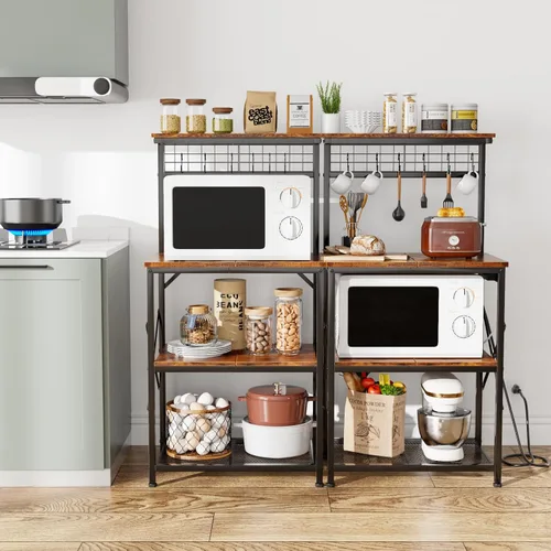 Vista 45 de Furologee Estante para hornear de cocina con toma de corriente, soporte para horno de microondas con almacenamiento de 4 niveles, mesa de café con 6