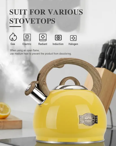 Vista 5 de Hervidor de té para estufa, 2.7 cuartos de galón con silbato fuerte para estufa, teteras de acero inoxidable de grado alimenticio para estufa
