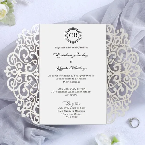 Vista 7 de Ponatia - 25 tarjetas de invitación cortadas con láser de 5.12 x 7.1 pulgadas con sobres para bodas, fiestas de compromiso, cumpleaños, Dorado