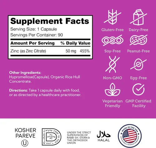 Vista 5 de Zahler Zinc 50 mg, apoya la protección inmune y antioxidante, certificado Kosher, 90 cápsulas
