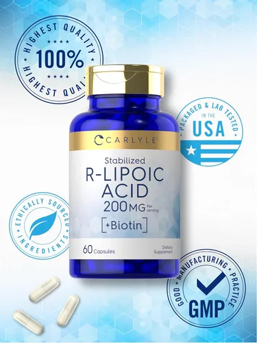 Vista 6 de Carlyle Ácido R-lipoico 200mg 60 cápsulas RLA estabilizado con biotina Sin OMG, sin gluten