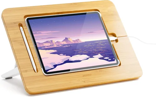 Vista 8 de AFOOYO Soporte de dibujo de bambú para tableta, portátil y ajustable, 5 ángulos, soporte elevador para laptop, soporte de lectura de libros