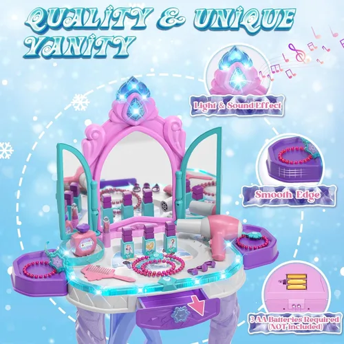 Vista 2 de Lehoo Castle Juego de Mesa de Tocador y Silla para Niñas, Mesa de Maquillaje para Niñas con Espejo, Taburete, Luces, Música, Juego de Tocador