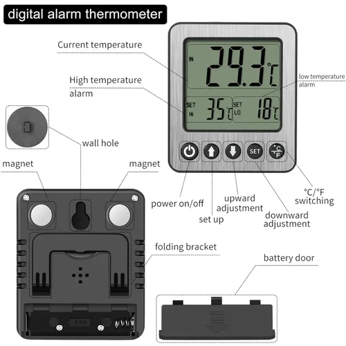 Vista 2 de Termómetro para refrigerador, alarma de congelador, termómetro digital para congelador con sensor adicional, alarma de alta y baja temperatura
