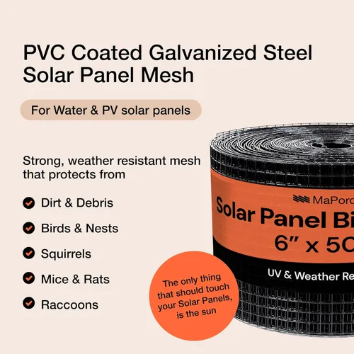 Vista 2 de MaPorch Red de ardilla para panel solar, malla de acero galvanizado recubierto de PVC, 6 pulgadas x 50 pies, negro, malla de barrera debajo