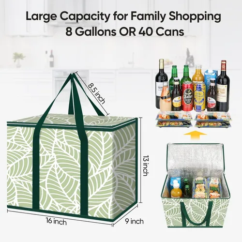 Vista 4 de BALEINE Paquete de 2 bolsas aisladas reutilizables para comestibles, bolsa enfriadora plegable para comestibles, bolsa aislante grande de alta