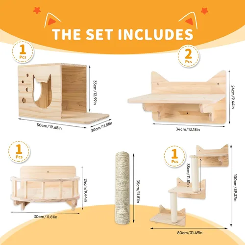 Vista 2 de NOVGOBHOT Estantes de pared para gatos grandes – Juego de 9 piezas de estantes de pared de madera para gatos, sistema de escalada para gatitos