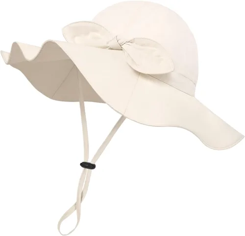 Sombrero de sol para bebé niña con UPF 50+ sombrero de playa ajustable para exteriores con ala ancha Beige de DANMY