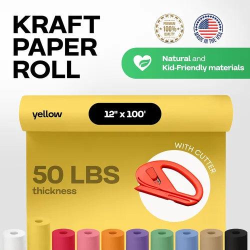 Vista 62 de Rollo de papel kraft amarillo de 36" x 1200" (100 pies) con cortador - Papel de regalo hecho en EE. UU. para embalaje, mudanza, envío