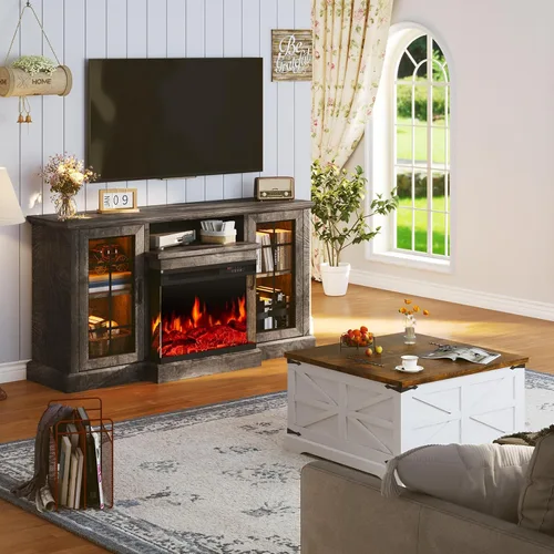 Vista 8 de Soporte de TV con Chimenea de 59'', Centro de Entretenimiento de Medios con Vidrio de 3 Lados, Mesa Consola para TVs hasta 65'' con Puerta