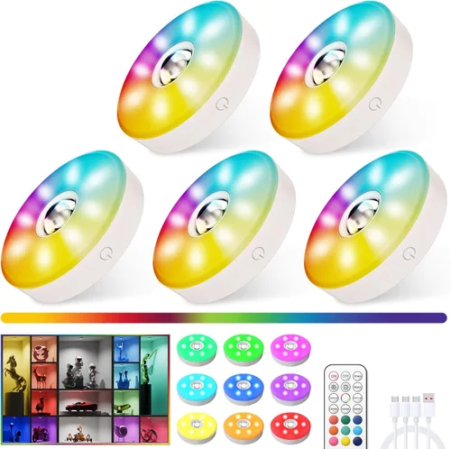 Vista 10 de Luces de disco recargables con control remoto, 12 luces LED de cambio de color inalámbricas para debajo del gabinete, luces LED RGB para TV