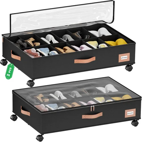 Vista 10 de homyfort Under Bed Shoe Storage with Wheels, Fits 24 Pairs, Rolling Shoe Organizer with Bottom Support & Clear Lids, Sturdy Under Bed Storage Box