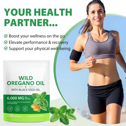 Vista 4 de Cápsulas de aceite de orégano, 2 en 1 6000 mg de aceite de orégano con aceite de semilla negra 200 mg cápsulas blandas, 165 mg de Carvacrol, sin