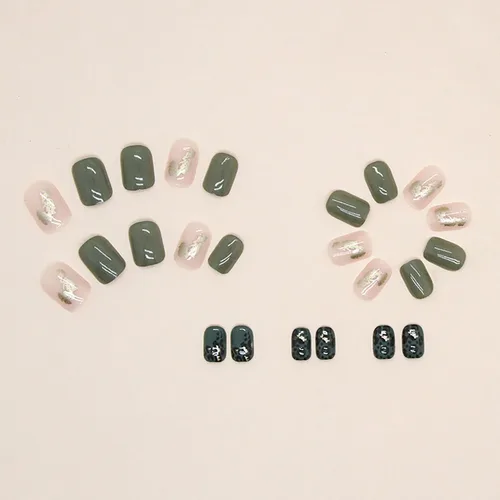 Vista 3 de Uñas postizas cortas a presión cuadradas con diseño de lámina dorada, uñas postizas de leopardo verde, uñas acrílicas de cobertura completa, uñas