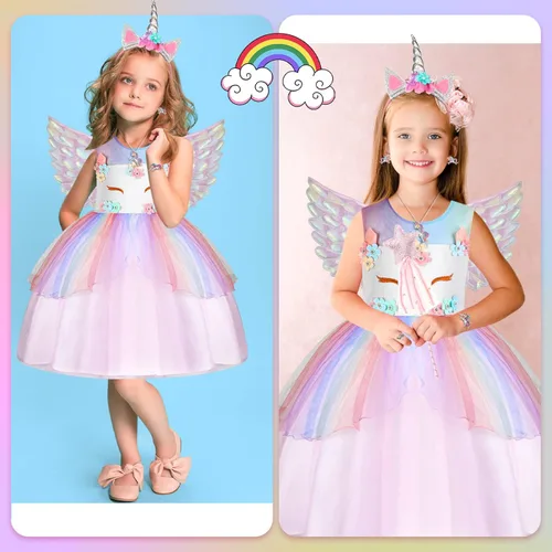 Vista 5 de Geyoga Vestido de princesa de unicornio para niñas, disfraz de unicornio arcoíris con diadema, varita justa, accesorios de joyería