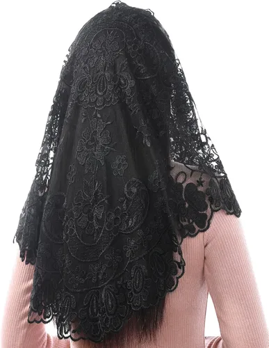 Vista 2 de Bozidol Velo de mantilla triangular para mujer estilo español bordado de camelia bufanda de encaje con flecos para misa latina