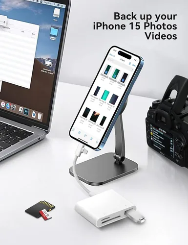 Vista 7 de Lector de tarjetas SD para iPhone, adaptador de tarjeta SD con conectores duales Lightning y USB C Plug&Play compatible con microSD, SD y USB-A OTG