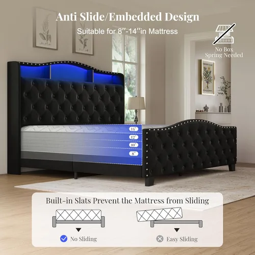 Vista 5 de Belffin Base de cama y cabecero tamaño Queen, base de cama tapizada de terciopelo de 50.9 pulgadas con luces LED y estación de almacenamiento/carga