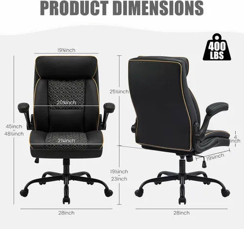Vista 2 de Silla de oficina ejecutiva de cuero, silla de escritorio para computadora con soporte lumbar, cómodas sillas de oficina en casa, 400 libras con Negro