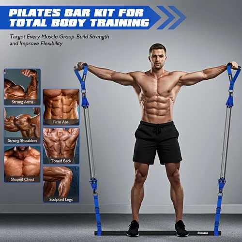 Vista 5 de Ayombo Pilates Equipment, Heavy Duty Pilates Bar Kit with Resistance Bands, Portable Gym Adjustable Exercise Bands, Home Squat Training, Arm, Abs