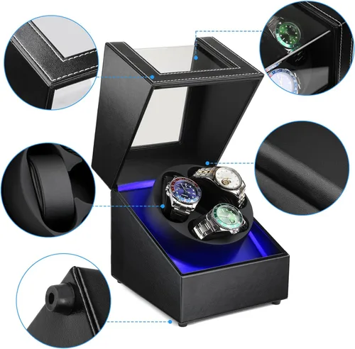 Vista 7 de J&T Technology Enrollador de reloj para relojes automáticos, enrollador automático de reloj con luz LED, caja de reloj giratoria con motor