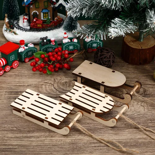 Vista 8 de STOBOK 9 piezas de decoración navideña de trineo de madera, mini adornos de trineo de madera rústica, decoración navideña, encantadores carritos