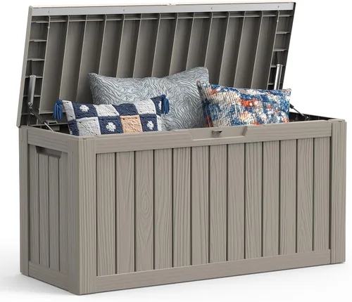 Vista 28 de Mars Villa Caja de almacenamiento para exteriores de 31 galones, contenedor de almacenamiento de resina impermeable, resistente a la intemperie y a