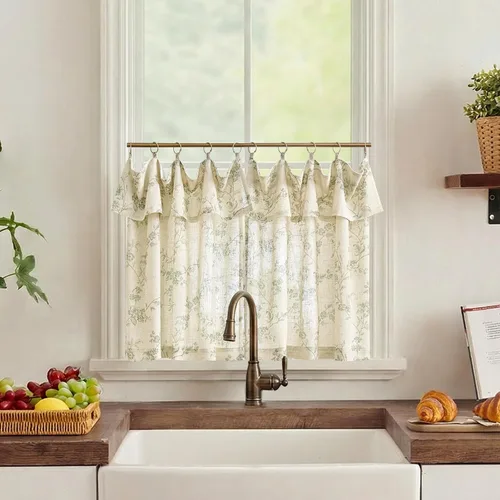 Vista 10 de JINCHAN Cortinas florales de cocina de 24 pulgadas, cortinas de lino de varios niveles, cortinas de granja de estilo cafetería, cortinas para media