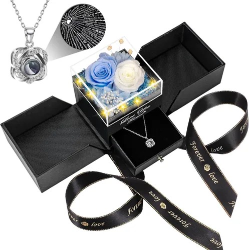 Vista 23 de Collar con diseño de rosa real preservada con corazón con texto en inglés "I Love You", flores eternas, regalos de cumpleaños para mujeres, mamá