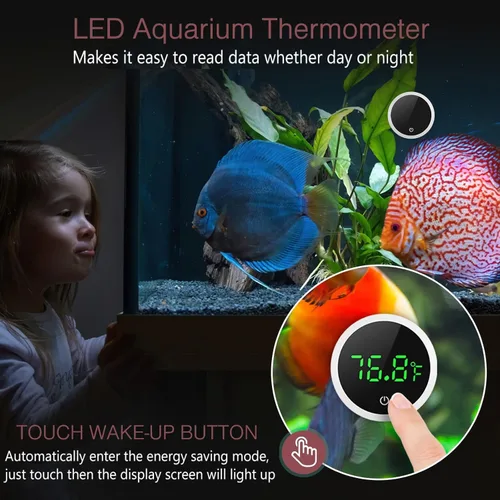 Vista 3 de LOFICOPER Termómetro de acuario, termómetro digital para peces, termómetro de reptiles adhesivo con pantalla táctil LED, batería, para peces