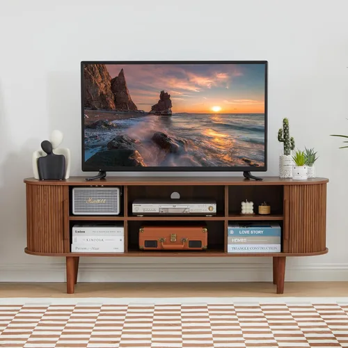 Vista 61 de Soporte de TV, mesa consola multimedia con puerta corredera y compartimento de almacenamiento, centro de entretenimiento moderno con almacenamiento